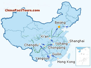 Hong Kong, Guilin, Yangshuo, Chengdu, Chongqing, Yangtze Cruise, Yichang, Xian, Beijing tourist map